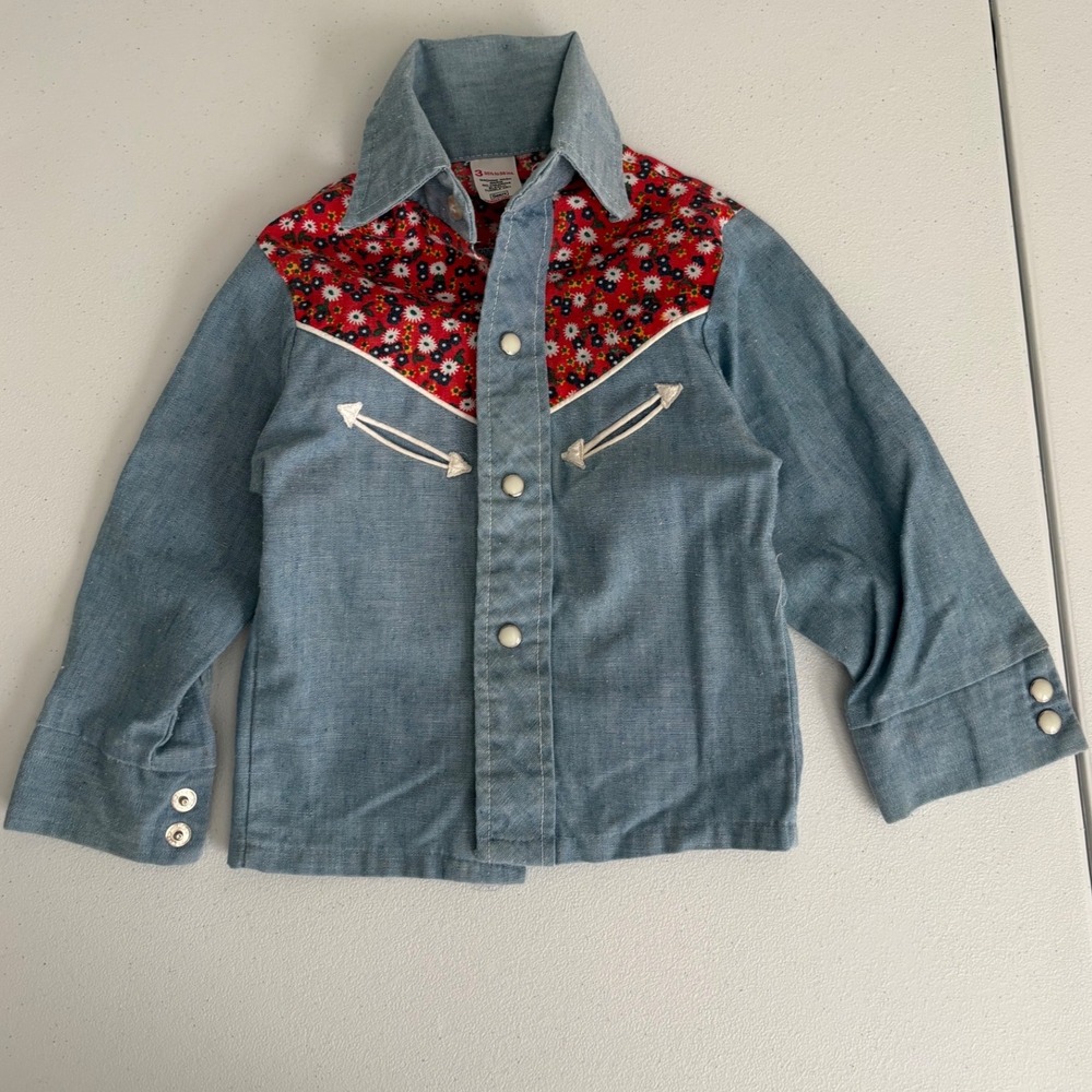 Vintage Sears Toddler Western Snap Shirt Blue Chambray Red Floral Yoke 3T ss